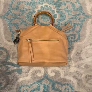 Joy Susan Tan Pebbled Satchel with Bamboo-Style Handles